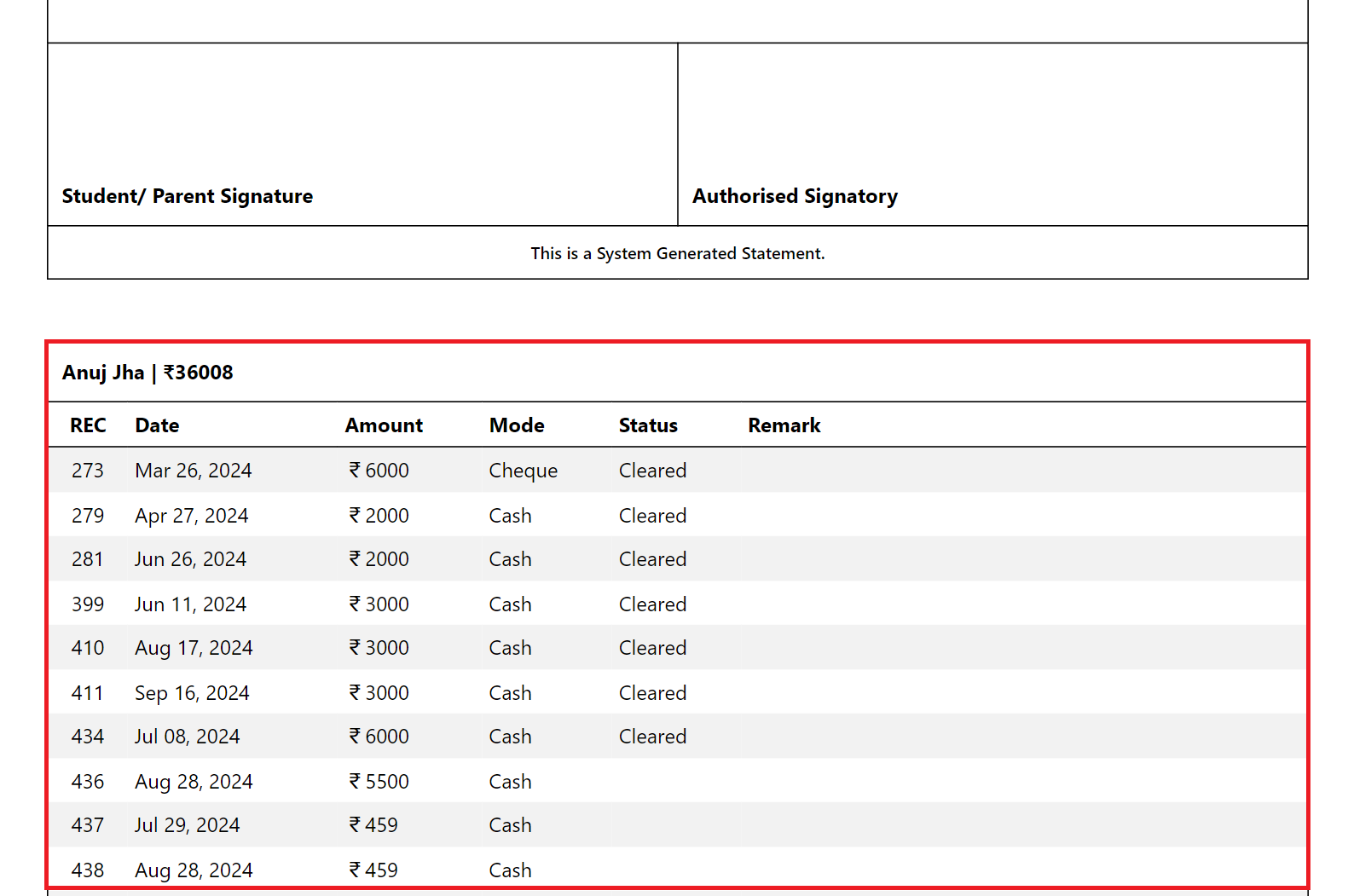 Additional Payment Record