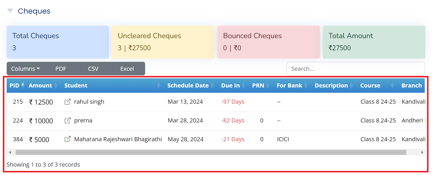 Cheque Payment Records